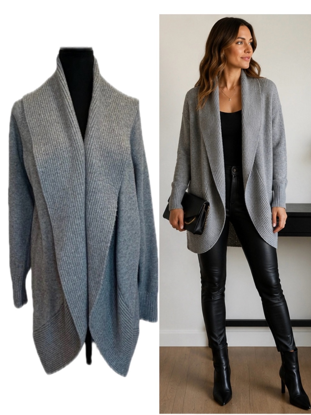 H by Halston Gray Open Front Ribbed Shawl Collar Cardigan Sweater Size L